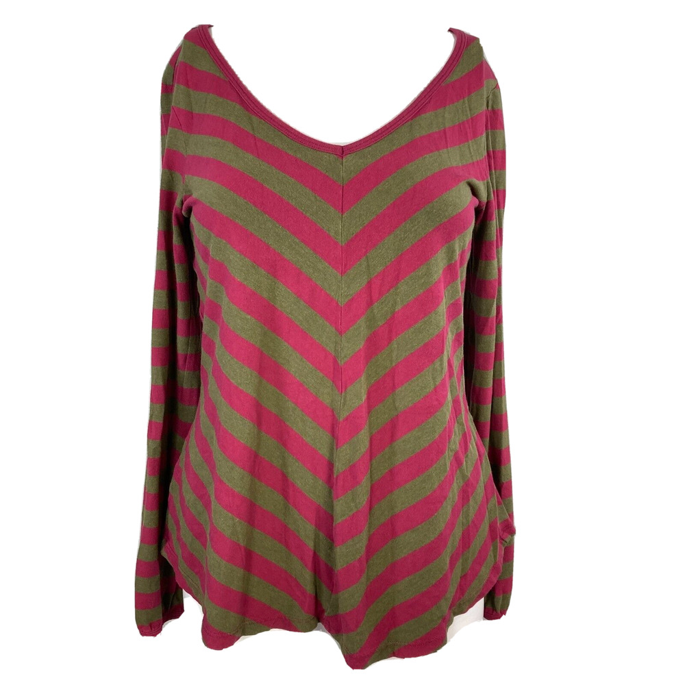 Love Hanna Shirt Womens Sz XS Maroon Green Chevron Stripe V Neck Soft Knit